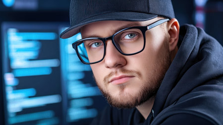 A focused digital enthusiast, cap and glasses perched, is illuminated by computer screens This image captures a modern hacker, embodying cybersecurity's dark vulnerability and intense coding expertise It highlights the threat while reflecting technical skill in the digital realm AI Generativeの素材