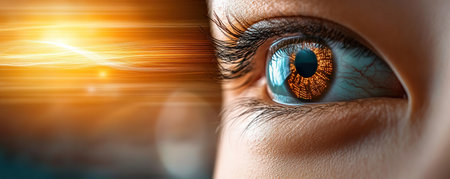 A close-up orange iris, encircled by digital light patterns, suggests a locked online vault This symbolizes access and privacy The eye represents observation, security, and digital awareness, while the complex patterns evoke futuristic technology linked to personal access, highlighting the intricate relationship between individuals and online security AI Generativeの素材