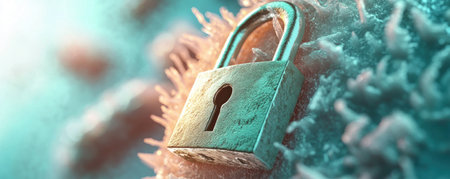 A glowing green digital padlock, rendered on a cellular backdrop, signifies online security and password importance The image, mimicking a laptop screen effect, emphasizes safety and data protection with a high-tech, detailed visual Its high resolution and focus on security principles create a compelling message about digital safeguarding AI Generativeの素材