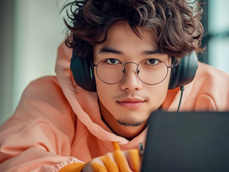 A focused individual, an ethical hacker, is captured in a close-up while intensely working on a laptop Wearing headphones, glasses, and a peach hoodie, they're likely typing as the screen displays abstract coding visuals This suggests complex cybersecurity work to protect against attacks Their concentration underscores the critical nature of AI Generativeの素材