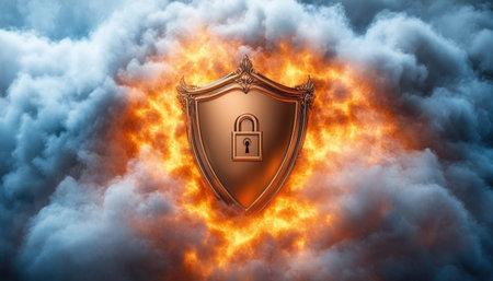 This illustration showcases secure encryption with a glowing shield and lock against a blue digital backdrop It emphasizes data protection, cybersecurity, and network safety through dynamic design Symbolizing encryption compliance, the shield represents digital defense, safeguarding online data and highlighting secure communication protocols AI Generativeの素材