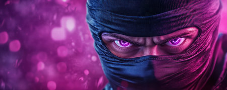 A masked figure, representing identity theft, is highlighted by a glowing card against an abstract tech backdrop This visual symbolizes digital security concerns, showing an anonymous online persona engaged in malicious virtual activities It aims to raise awareness about protecting digital identities and data privacy in our tech-driven world AI Generativeの素材
