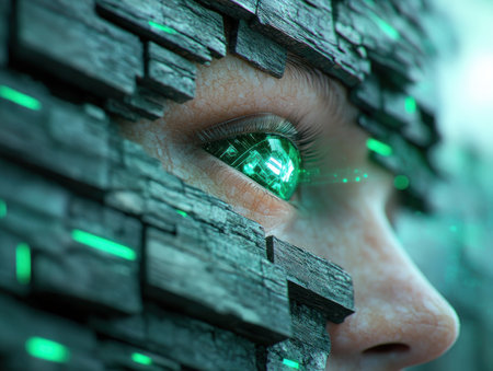 A luminous cybernetic interface fuses digital and real identities, representing online self-awareness and privacy Witness advanced technology seamlessly merging with the human form, blurring physical and virtual boundaries This image embodies the futuristic evolution of digital interactions and connected existence within high-tech, digital realities AI Generativeの素材