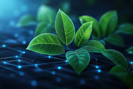 This image merges nature and technology, depicting vibrant green leaves sprouting above a glowing tech network It symbolizes innovation and growth, while the intertwined interface suggests authentication and access control, showcasing technological progress grounded in resilience and security A powerful visual metaphor for the harmony of nature and cutting-edge tech AI Generativeの素材