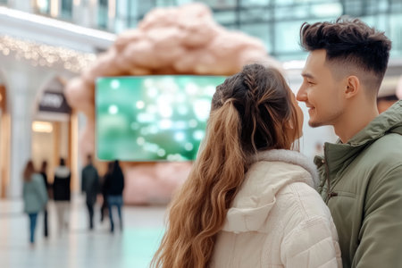 In a vibrant cityscape, two people connect through glowing holographic screens, symbolizing modern online interactions This scene depicts the digital age where connections transcend physical limits The luminous environment highlights how technology intertwines with our lives Experience the warmth of their relationship, even on a digital platform AI Generativeの素材