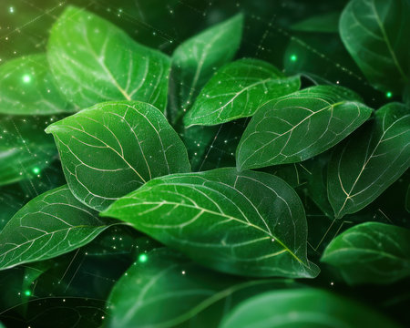 This image merges nature and technology, showcasing vibrant green leaves interwoven with a glowing Blockchain network Encryption nodes emphasize secure transactions, highlighting how digital systems can protect the planet The seamless integration illustrates innovation's potential to enhance resources, ensuring a secure, sustainable future where digital and natural ecosystems thrive AI Generativeの素材