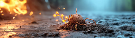 A burning, corrupted digital entity represents a malware threat, its fiery tendrils decaying Advanced AI, a symbol of cutting-edge protection, neutralizes the attack in real-time This visual showcases the battle against cyber threats, demonstrating proactive security solutions combating malicious entities with intelligent, powerful defenses AI Generativeの素材