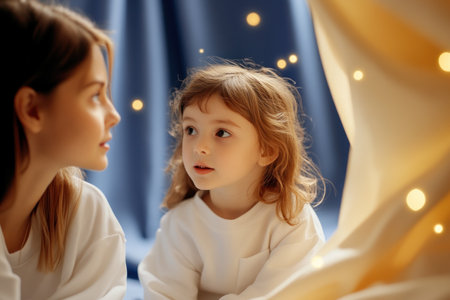 A woman gazes at a child in this softly lit image The woman is on the left, the child looks off-frame to the right Both wear white sweatshirts, their figures set against a blurred backdrop dotted with tiny, glowing orb-like lights The focus is on their connection amidst the atmospheric AI Generativeの素材