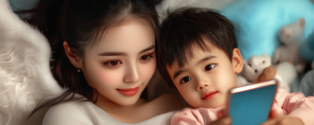 This image portrays online safety with a digital guardian angel A winged woman watches over a child using a phone, bathed in calming blue hues It evokes a sense of security and warmth, ideal for showcasing responsible digital parenting and protecting loved ones online Light colors enhance the feeling of AI Generativeの素材