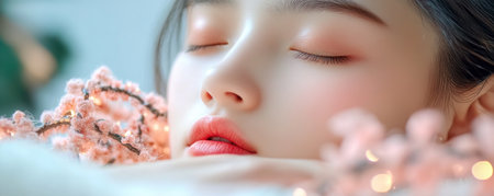 A serene close-up portrait captures a sleeping face bathed in gentle, glowing lights Minimalist lines emphasize form, not filtering The artistic image focuses on tranquility and delicate details, completely ignoring internet safety concepts, instead highlighting the peaceful beauty of sleep AI Generativeの素材