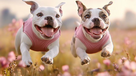Two happy dogs, sporting cooling vests, bound through a sunny meadow, embodying summer fun They showcase ideal gear for active, outdoor adventures, highlighting how cooling apparel keeps pets comfortable and safe in the heat Discover our solutions to let your furry friends enjoy the sun with us! AI Generativeの素材