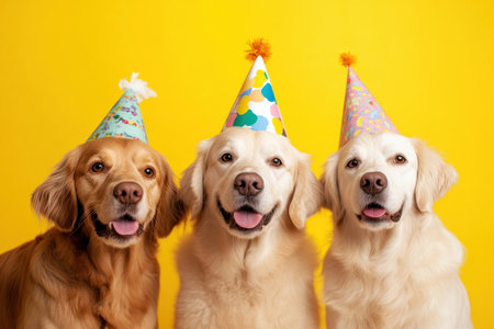 A vibrant pet birthday party bursts with color! Golden Retrievers in costumes, including three sporting festive hats, celebrate joy against a bright yellow backdrop This heartwarming image captures the playful spirit of pet companionship, perfect for websites or print It's a colorful celebration of the happiness our furry friends bring AI Generativeの素材
