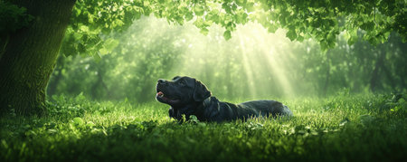 Beneath a towering oak, a focused labrador practices controlled barking, a testament to disciplined canine training Sun rays pierce the tranquil scene as the dog immerses itself in nature's calm This serene moment captures the essence of outdoor learning and the deep connection between dogs and the natural world AI Generativeの素材