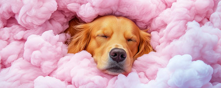 A serene golden retriever rests peacefully, enveloped in a soft, pink cloudscape The gentle scene evokes a sense of calm, as the dog slumbers undisturbed, floating amidst the ethereal pastel hues A moment of tranquil bliss, where even dreams seem to take on a celestial quality AI Generativeの素材