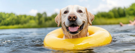 A golden labrador joyfully learns water safety in a tranquil pond Wearing an eco-friendly flotation collar, it practices safe entry techniques, highlighting responsible pet care Swim lessons are crucial for all pets, empowering them to enjoy water safely and teaching your dog AI Generativeの素材