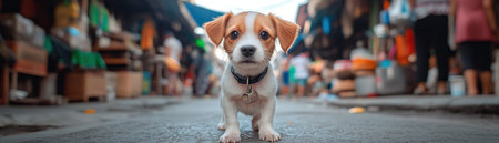 A tiny terrier puppy, with a travel water dispenser, explores a lively market This adorable small dog charms amidst blurred stalls and figures Perfect for pet lovers and travel fans, it's a unique glimpse of canine adventures in urban spaces, highlighting animal care with its playful charm AI Generativeの素材