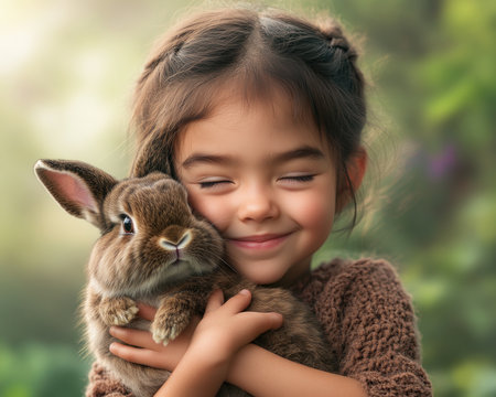 A child lovingly hugs their bunny in a sun-drenched garden, showcasing their tender bond This heartwarming portrait emphasizes affection and care amidst nature's gentle embrace The warm tones and soft light evoke a sense of peace, highlighting the innocence and joy of their sweet companionship AI Generativeの素材