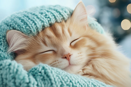 Experience the purest connection in this heartwarming image: a fluffy ginger cat snuggled peacefully with its owner, wrapped in a soft blue blanket The serene scene, filled with gentle colors, evokes feelings of warmth and unconditional love Explore the beauty of a cat's affection the perfect gift for cat AI Generativeの素材
