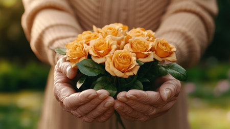 A close-up shows hands offering vibrant orange roses to an elderly person, a tender act of kindness Wrinkled hands and fresh flowers symbolize care and love, capturing a profound human connection This touching image celebrates simple compassion, portraying kindness in action on Kindness Day AI Generativeの素材