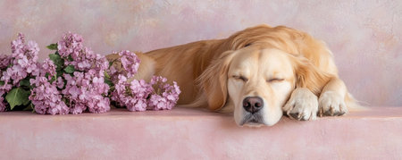 A golden retriever rests peacefully beside its human, embodying loyalty and a deep bond Delicate purple lilacs accent the scene of gentle slumber, all set against a soft pink backdrop This calming image captures pure serenity, perfect for pet lovers, stock photography, or home d cor seeking heartwarming, faithful companionship AI Generativeの素材