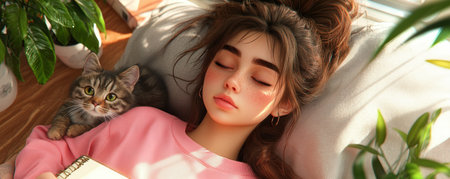 In a tranquil scene, a young woman journals, her calm lifestyle embodied by her cat purring contentedly beside her This image captures affection, care, and the beauty of peaceful home moments The cat's presence highlights their bond and the gentle nature of this relaxed life near her journal Discover this AI Generativeの素材