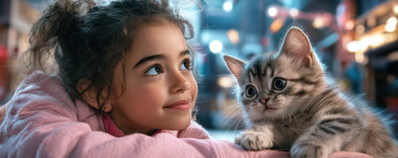 A young girl in a pink jacket shares a tender moment with her playful tabby kitten The kitten's gentle paws reach out as the girl gazes lovingly, their connection radiating warmth This adorable pair's affectionate interaction is a heartwarming scene, guaranteed to bring smiles to all who see it AI Generativeの素材