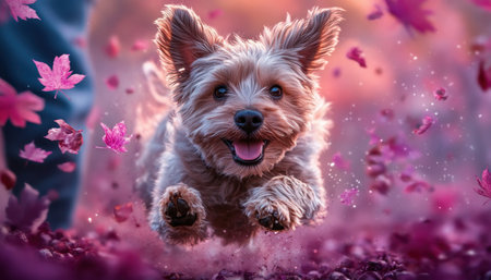 A happy dog, tail wagging, runs to its owner, radiating joy and friendship This adorable scene captures pure happiness as the canine frolics amidst falling leaves, a vibrant display of nature's beauty It's a heartwarming image of a delightful companion enjoying freedom, making hearts melt with its playful charm AI Generativeの素材