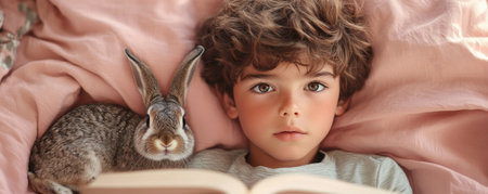 A heartwarming image captures a young boy engrossed in a book, his furry rabbit companion nestled beside him on a pink blanket This scene beautifully illustrates the gentle bond between children and their pets, showcasing affection, friendship, and the joy of shared moments A loving pet-owner dynamic is evident in AI Generativeの素材