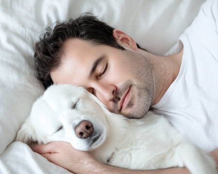 Experience a heartwarming scene of pure affection: a white dog gently nuzzles its sleeping owner's hand This peaceful portrait captures the deep bond and mutual understanding between pet and man Witness the beauty of their intimate companionship and find adorable images showcasing the love between owners and their pets AI Generativeの素材