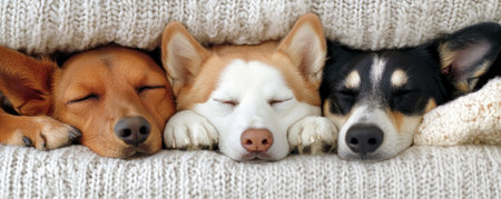 Sun-drenched, cozy scene: Three sleepy puppies cuddle on a couch, radiating warmth and pure companionship Their soft fur and relaxed postures showcase a peaceful nap, a moment of perfect harmony This heartwarming image beautifully captures the bond between these canine companions, embodying love, pets, and happiness AI Generativeの素材
