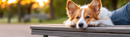 A loyal dog sits peacefully beside its owner, a heartwarming display of companionship This tranquil image captures a tender moment of trust and harmony, bathed in the warm glow of golden hour Perfect for dog lovers, it exudes a sense of calm and the beautiful bond between owner and pet AI Generativeの素材