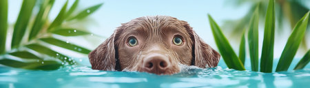 A charming brown puppy delights in an outdoor bath of crystal-clear water, showcasing proper hygiene amidst lush greenery This close-up captures its joyful face, highlighting pet care within nature's beauty The scene radiates serenity, emphasizing the connection between the adorable puppy, the surrounding flora, and the simple joy of a AI Generativeの素材