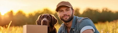 This heartwarming image captures the essence of loyalty: a dog sits faithfully beside their owner in a sunset meadow A cardboard box rests nearby as the pair embodies trust and harmony Perfect for themes of nature, animals, pet love, and friendship, this scene highlights the special bond between man and AI Generativeの素材