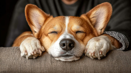 This heartwarming image captures the enduring bond between a senior dog and its owner A relaxed corgi rests peacefully on a couch, head nestled comfortably Symbolizing years of loyalty and love, the tranquil scene showcases the beautiful connection between humans and their canine companions, a testament to shared affection AI Generativeの素材