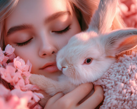 This image captures a tender moment between a pet owner and their rabbit, nestled amidst blooming flowers It highlights the heartwarming bond and peaceful joy shared between humans and their animal companions The scene radiates love and celebrates the devoted care and magic of pet ownership in a serene garden AI Generativeの素材