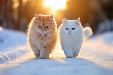 Two fluffy cats, one orange, one white, joyfully explore a snow-covered path The bright sun backlights their carefree stroll, amplifying their cuteness Feel the peace and warmth emanating from their playful energy and the serene, open landscape A truly uplifting and heartwarming scene of pure pet bliss AI Generativeの素材