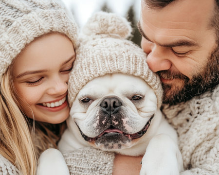 A heartwarming holiday scene unfolds as a family celebrates with their beloved pets Joyful moments, love, and connection permeate the festive atmosphere, creating lasting memories This image highlights the special bond between humans and their animal companions, emphasizing shared joy and cherished celebration Capture the love in this wonderful shot AI Generativeの素材