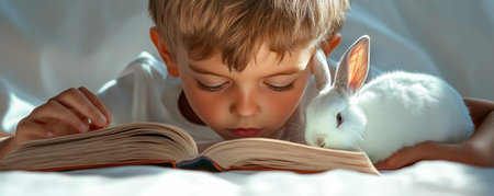 A young boy reads, his pet rabbit nestled beside him, embodying a quiet bond of friendship and affection This image captures childhood innocence, highlighting the beauty of simple connections and shared moments It's a heartwarming scene illustrating companionship, love, and the warmth found in everyday life AI Generativeの素材