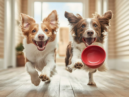 This image bursts with the unbridled joy of playful pets Energetic dogs leap and chase, their smiling faces radiating pure happiness Dynamic motion captures the exhilaration of simple games, showcasing lighthearted fun and the beauty of canine companionship The picture is a testament to the pure, unfiltered joy pets bring AI Generativeの素材