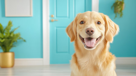 A golden retriever joyfully greets its owner at the door, embodying love and loyalty in a bright, sunny home This vibrant scene captures the sweet essence of homecoming, showcasing the beautiful bond between pets and their families The enthusiastic welcome highlights domestic pet joy and a loving, supportive environment AI Generativeの素材