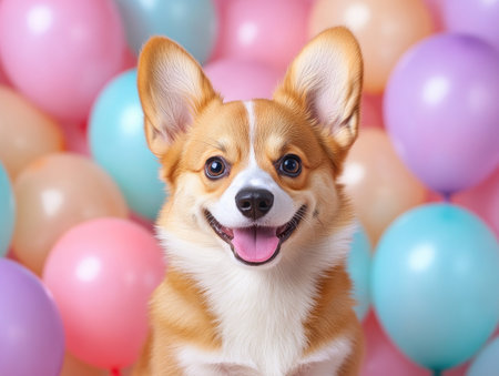 A cheerful Corgi, surrounded by vibrant balloons, embodies the pure joy of pet adoption This heartwarming image captures the delightful smiles and beautiful bonds formed on a special adoption day Share the happiness of a new pet joining a family, celebrating love and new beginnings AI Generativeの素材