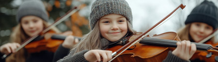 Witness the beauty of intergenerational harmony this Kindness Day Three children, united by their violins, create a symphony of joy and connection This image celebrates the power of music to bridge generations, fostering friendship and community through shared passion Experience the visual embodiment of kindness in musical form AI Generativeの素材
