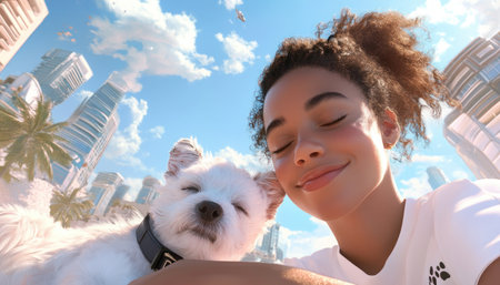 This image showcases family wellness with pets in a natural setting It captures moments of connection as they enjoy a healthy lifestyle The scene emphasizes shared experiences, natural living, and the deep bond between families and their animals in a wellness-focused environment It's a celebration of harmonious living AI Generativeの素材