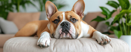 A concerned owner watches their lethargic dog in a cozy living room, noting potential health symptoms Seeking advice, they call a vet helpline, emphasizing early detection's importance This scene, in a tidy home with plants, underscores proactive pet care and well-being within a comfortable environment AI Generativeの素材