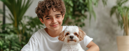 A tender portrait captures the pure bond between a young owner and their small, beloved dog within a cozy, inviting home This heartwarming image celebrates the joy and gentle care shared, focusing on their loving interaction, not grooming It's a serene depiction of the special connection between humans and their AI Generativeの素材