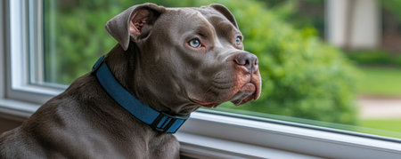 A loyal gray dog with piercing blue eyes waits by the window, collar adorned The captivating image captures the canine's intense gaze and devotion, radiating a sense of anticipation and deep connection It's a perfect portrayal of unwavering companionship, evoking feelings of loyalty and heartfelt affection AI Generativeの素材