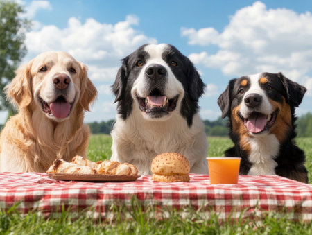 Experience the pure joy of a pet-filled picnic! Adorable dogs pose at their sunny park party, radiating love and companionship This vibrant scene celebrates furry friendships and captures heartwarming moments Share the cuteness and spread the joy of these charming animals with fellow pet lovers AI Generativeの素材