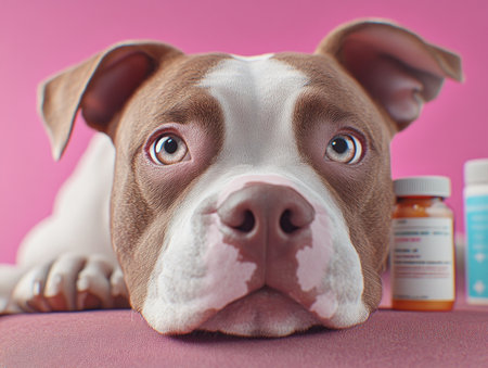 A concerned owner monitors their dog for illness, checking its temperature with a pet thermometer The dog rests on a pink surface, while medicine is nearby This image highlights the importance of attentive pet care, recommending owners observe symptoms, and seek veterinary help when necessary AI Generativeの素材