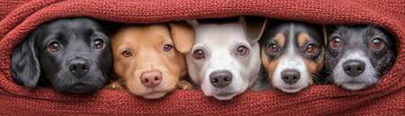 A heartwarming photograph captures adorable puppies snuggling within a colorful room Their overflowing cuteness radiates from their warm embrace, nestled in a cozy red blanket These lovable pets create a scene of pure joy, their togetherness showcasing canine companionship and affection A moment of pure animal love, perfect for dog AI Generativeの素材