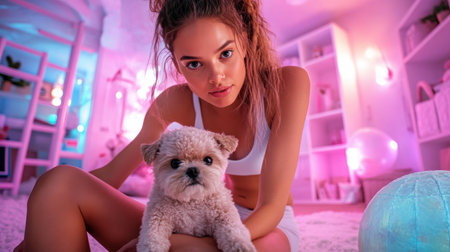 Experience the joy of pet bonding through fun fitness! Watch a loving owner guide her puppy through an exciting agility routine using hoops and ladders at home Discover training techniques that enhance exercise, agility, and strengthen your connection Boost your dog's health and happiness while creating a lasting bond AI Generativeの素材